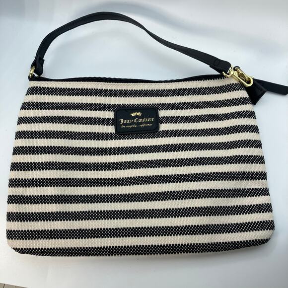 Juicy Couture Striped Canvas Clutch Shoulder Bag Black White Gold Zip 10x7” Logo - Picture 2 of 11